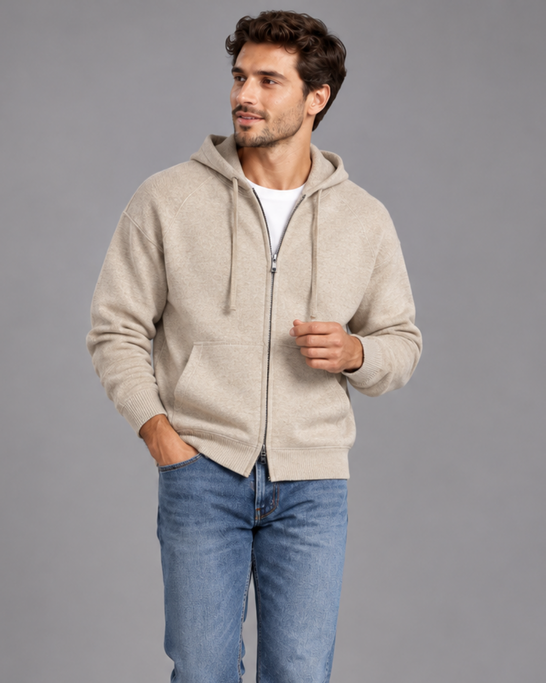 Felpa con cappuccio zip uomo Ugo Famà beige
